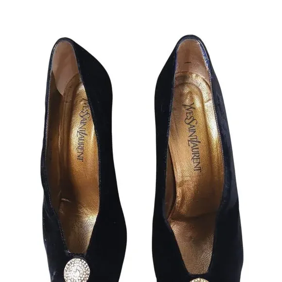 Yves Saint Laurent Black Velvet Jeweled Pointed Toe Heels Size 9.5 Party Vintage - Picture 7 of 16